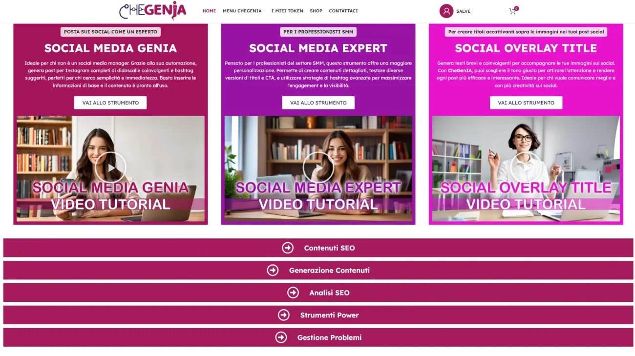 Come fare SEO con l'Intelligenza Artificiale Screenshot della dashboard di CheGenIA con evidenziate le funzionalità principali.
