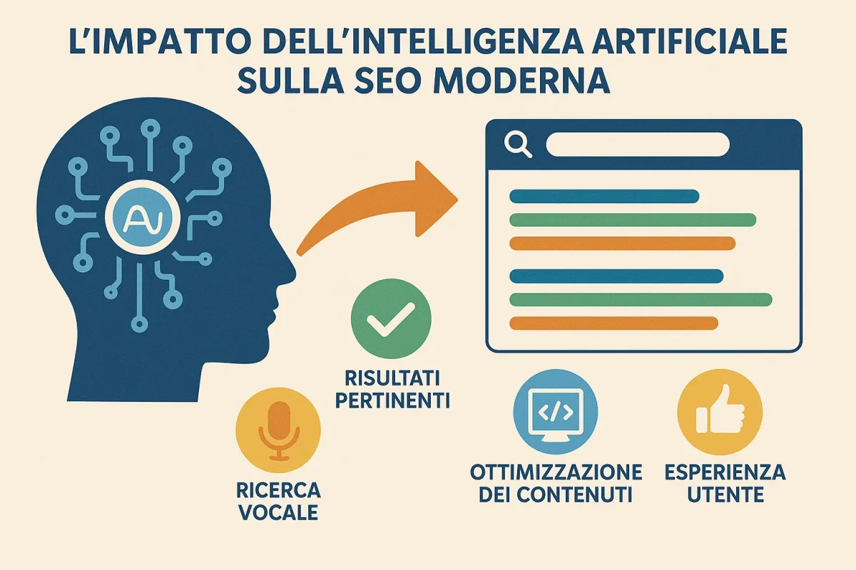 Come fare SEO con l'Intelligenza Artificiale Grafico che illustra l'impatto dell'intelligenza artificiale sulla SEO moderna.