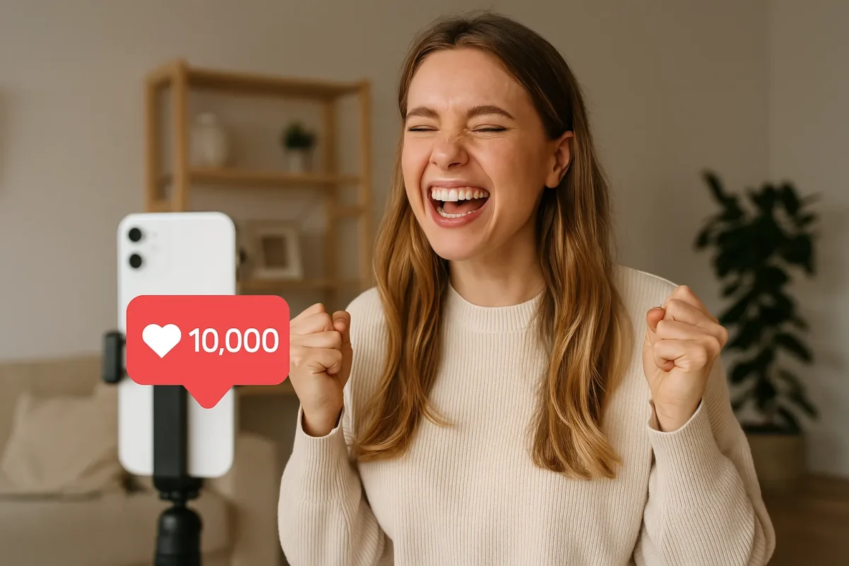 Come Usare l'Intelligenza Artificiale per Postare sui Social Influencer che festeggia il raggiungimento di un traguardo sui social media grazie all'uso dell'AI Che Genia