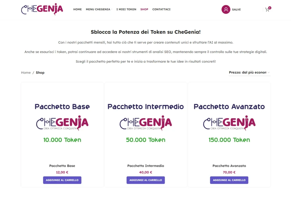 Come fare SEO con l'Intelligenza Artificiale Schermata di acquisto token con CheGenIA.