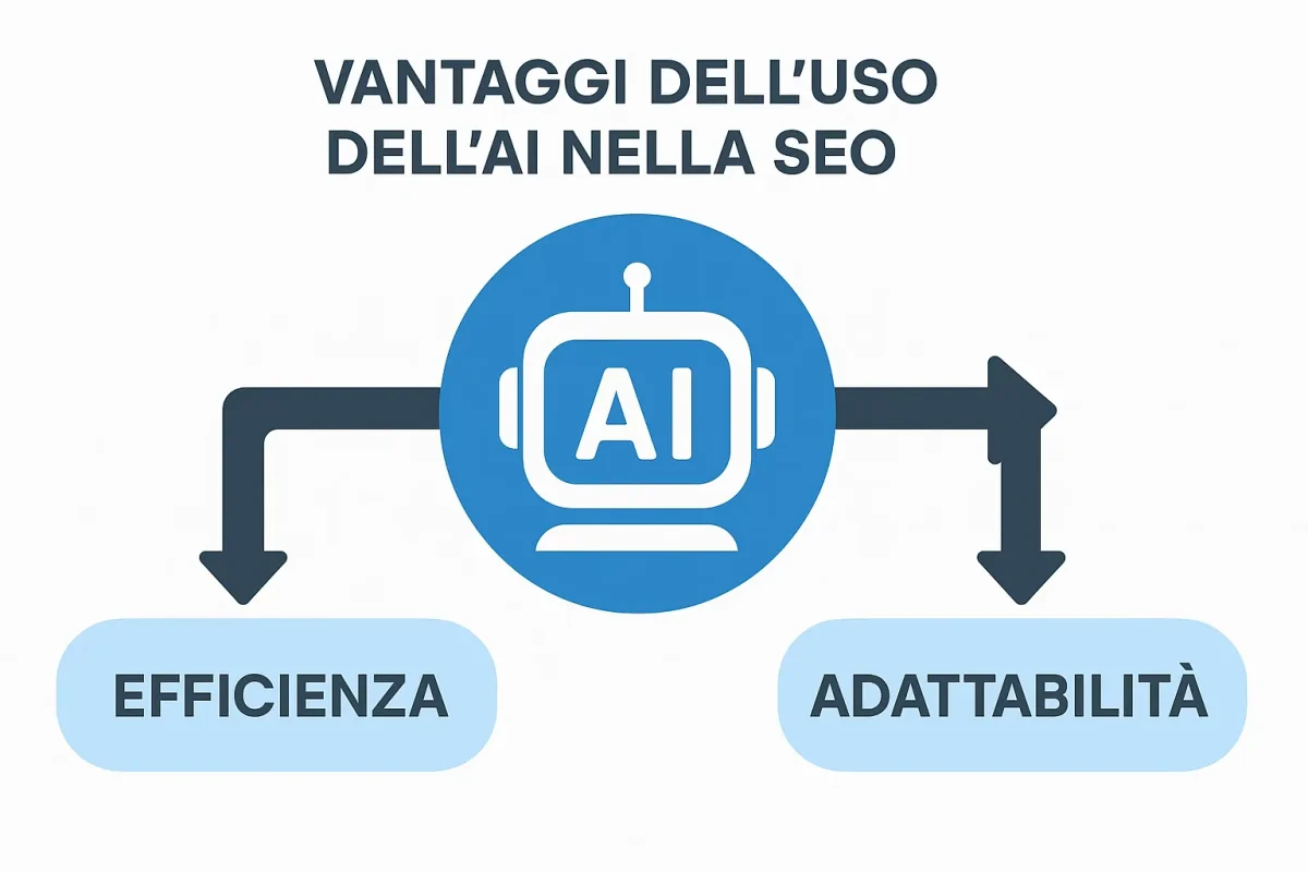 Come fare SEO con l'Intelligenza Artificiale Diagramma che mostra i vantaggi dell'uso dell'AI nella SEO, come efficienza e adattabilità.